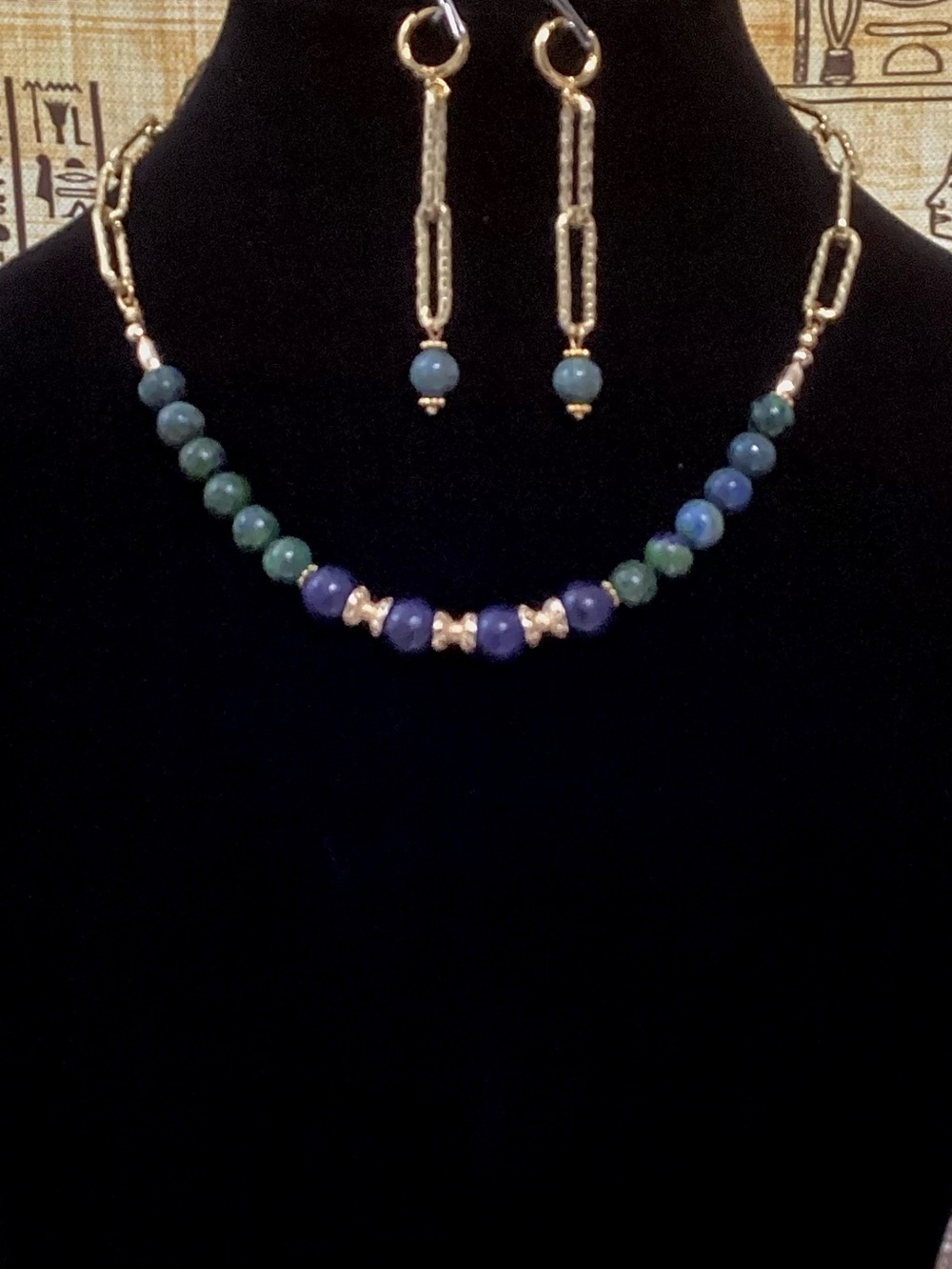 Handcrafted 18k gold paperclip chain  with natural Gemstone Beads and earrings